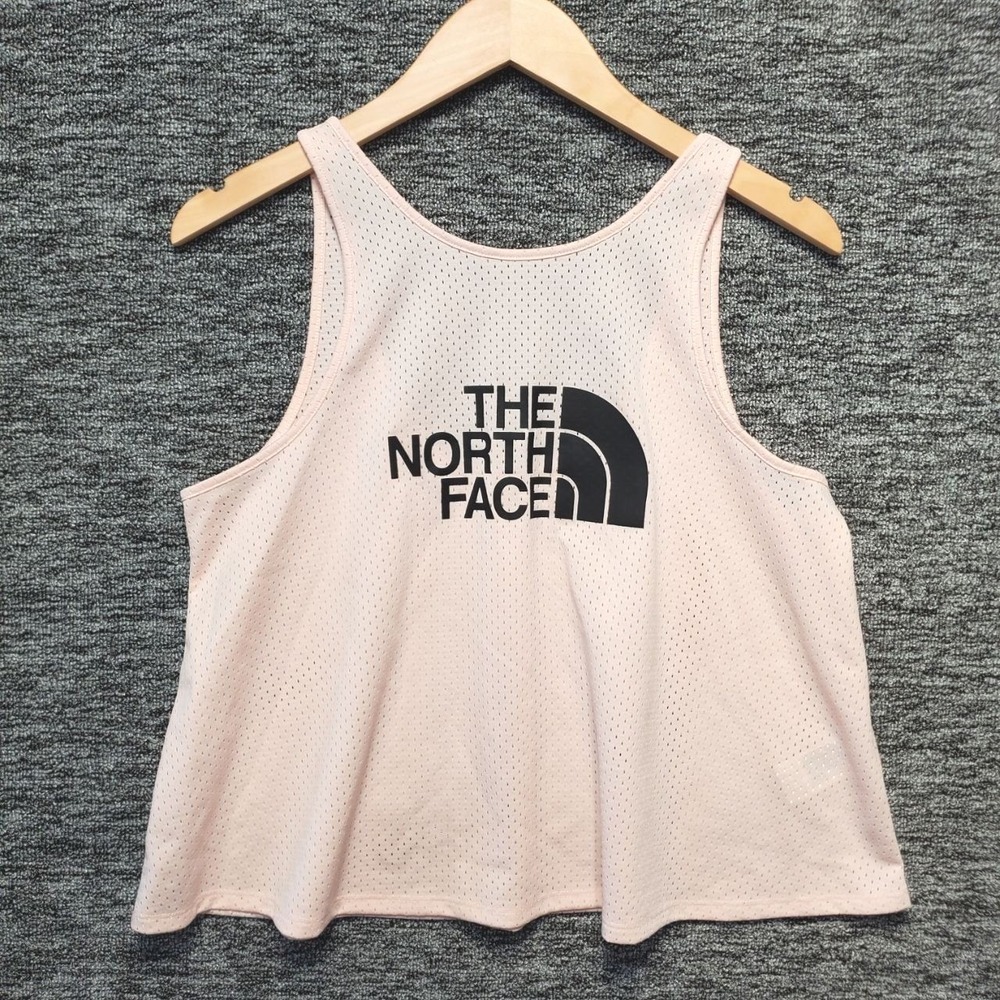 VTG The North Face Womens S Pink Mesh Cropped Swing Tank Top Big Half Dome Logo